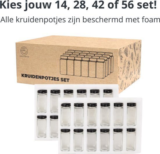 Organess 28 Glasgewürzdosen quadratisch mit schwarzem Deckel - 3 Arten von Streudeckeln - Gewürzstreuer - Gewürzdosen - Komplettset inkl. Gewürzsticker, Kreidestift und Zubehör - 120ml
