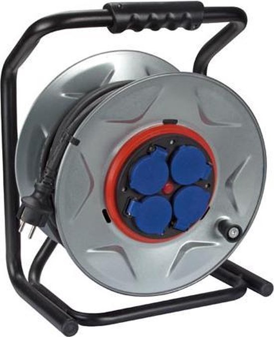Perel Professional Kabeltrommel, Innen- und Außenbereich, spritzwassergeschützt (IP44), 4 Steckdosen mit Schutzleiter, Verdrehsicherung, Thermoschutz, Kabellänge 40 m, 3G2,5, grau/schwarz