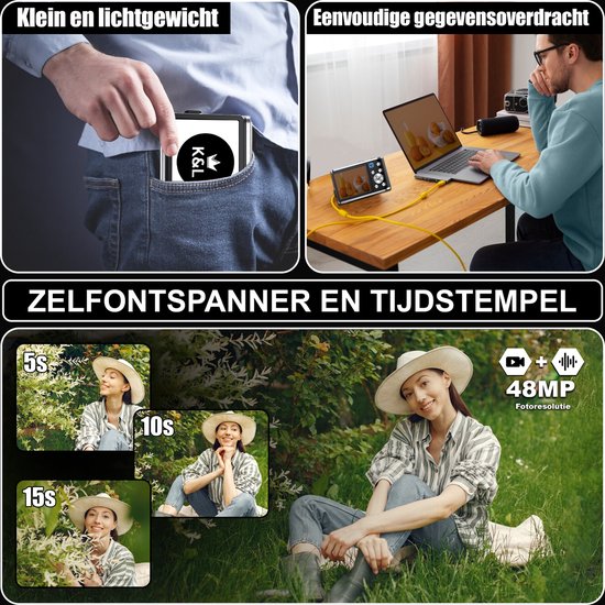 K&L Digitalkamera 4K - Fotoapparat - Fotokamera - Kompaktkamera - Vlog-Kamera - Für Kinder - Inklusive 64GB - NL Software