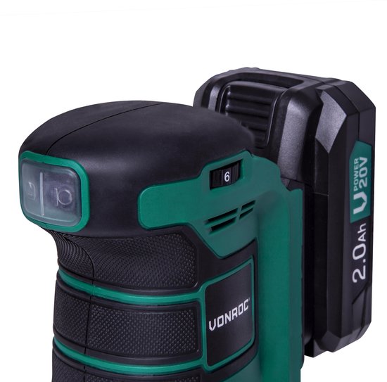 VONROC Exzenterschleifer - VPower 20V - Inkl. 2.0Ah Akku & Ladegerät - Ø125mm - Mit Staubbeutel & 12 Stück Schleifpapier