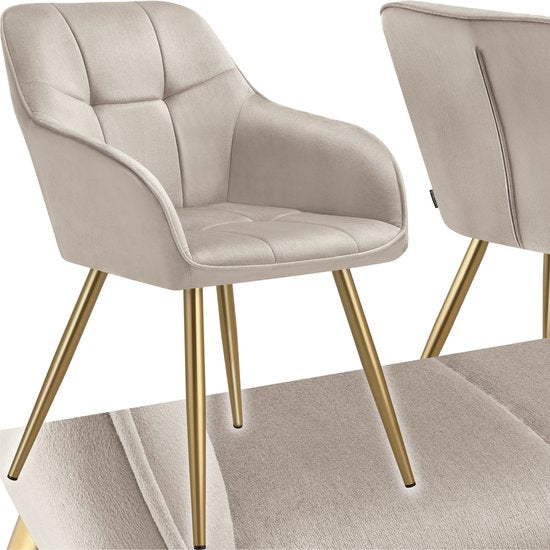 tectake Velvet Chair - Esszimmerstuhl mit gestepptem Samtstoff, moderne Küchenstühle, bequemer Sessel für Wohnzimmer, Esszimmer, Lounge - taupe / gold