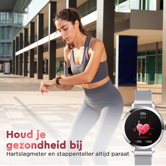 Golden Sound AMOLED Smartwatch Ladies - 3 zusätzliche Armbänder - Geeignet für jeden Laptop und jedes Smartphone - Schrittzähler - Schlafüberwachung - Sättigungsüberwachung - 40mm - Silber