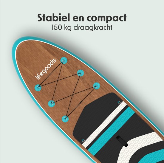 LifeGoods PaddlePro SUP Board - mit Sitz - Aufblasbares Paddle Board - Komplettset - Max. 150KG - 320x81cm - Holz/Blau