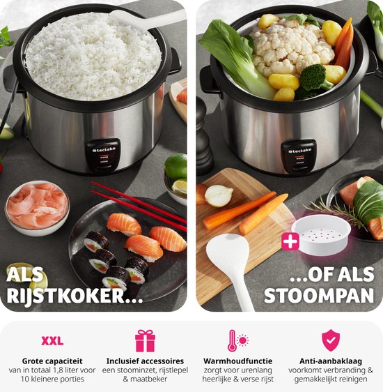 tectake® Reiskocher - Dampfgarer und Reiskocher mit Dämpfeinsatz - Großvolumiger Kochtopf mit 1,8 l Fassungsvermögen - Bis zu 10 Portionen Klebreis, Vollkornreis oder Sushi-Reis