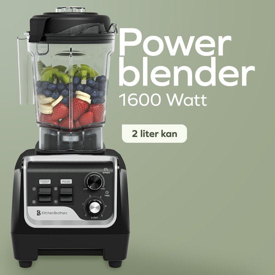 KitchenBrothers Power Blender - 1600W - 2L - Smoothie Maker - Eiszerkleinerer - Metallic Schwarz