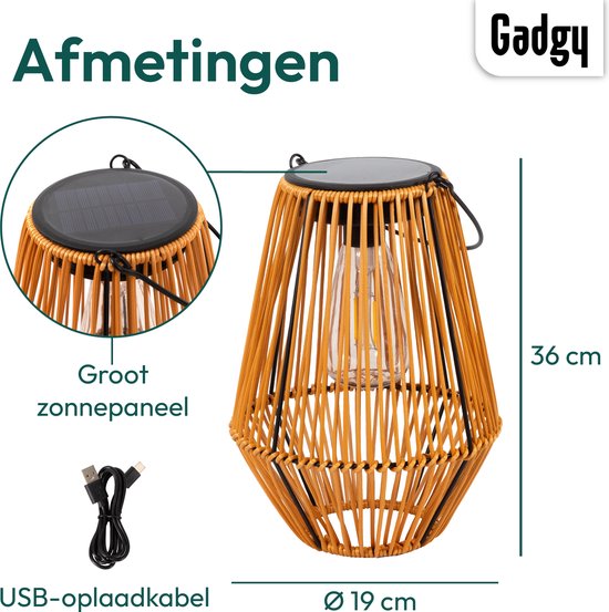 Gadgy Solar-Gartenleuchte Rattan Braun - Solar-Gartenleuchte - Solar-Tischleuchte mit USB-Anschluss - Außenleuchte Gartenstatue - Gartenlaterne mit Tag/Nacht-Sensor - Beleuchtung für draußen - Laterne Garten