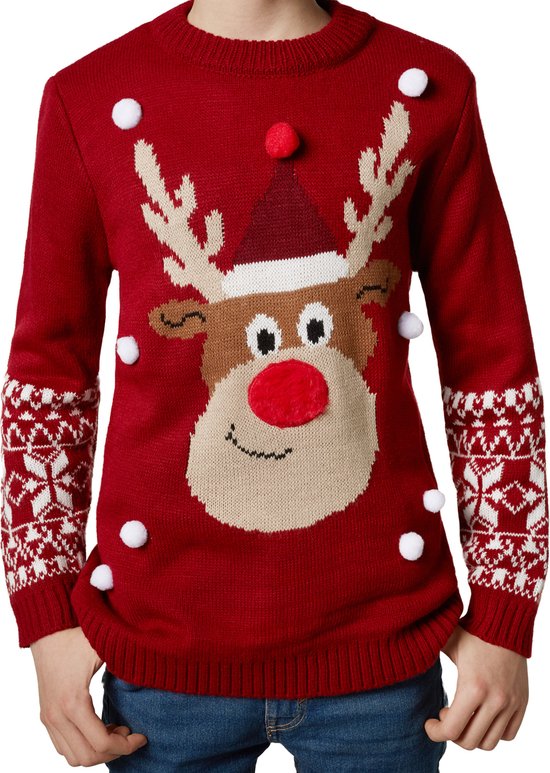 Dressforfun Faschingskostüm Weihnachtspullover Rudi Rentier – Unisex – Größe 140 (9–10 Jahre)