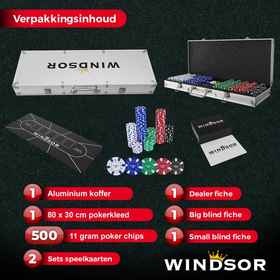 Windsor Poker Set - 500 Chips - Pokertuch - Blinds - Karten - Pokerchips - Pokerchips