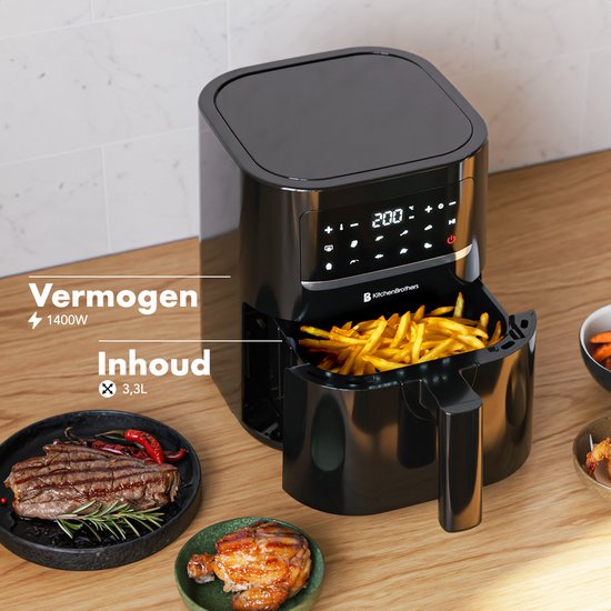 KitchenBrothers Airfryer - 3.3L - 1400W - Heißluftfritteuse - 50ºC bis 200ºC - Kompakt - 10 Kochprogramme - Schwarz