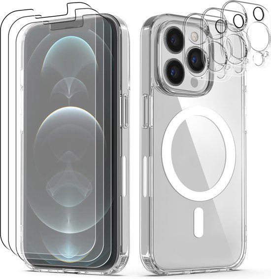 Podec Magsafe Case Passend für iPhone 12 Pro Max - Mit 3x Bildschirmschutz + 3x Kameraschutz - Magnetisch mit Ring Transparent - Handytasche Transparentes Case