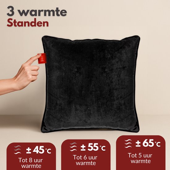 Coozie Wiederaufladbares Wärmekissen - Kabellos & verkabelt - 45-65°C - Samt - 45 x 45 cm - Elektrisches Kissen - Inkl. Powerbank - Bis zu 8 Stunden Wärme - Schwarz