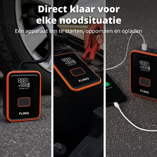 FlinQ 12V Starthilfe für Auto & Motorrad - 4-in-1 Luftkompressor, LED-Taschenlampe, SOS-Notleuchte & Powerbank - Elektrische Reifenpumpe - Starthilfe - inkl. Aufbewahrungstasche