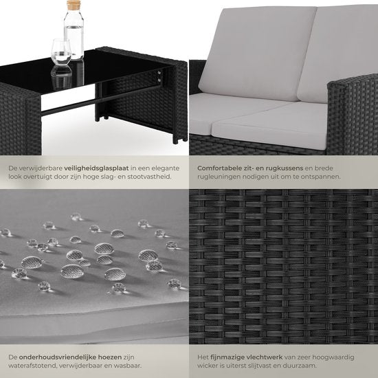 tectake Geflecht-Gartenset für 4 Personen - 2-sitzige Gartenbank und 2 Gartenstühle - Tisch mit abnehmbarer Glasplatte - Bequeme Sitz- und Rückenkissen - Lounge-Set für Garten, Terrasse, Balkon - Schwarz