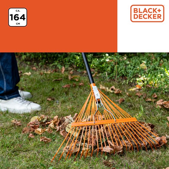 BLACK+DECKER Gartenrechen - 164 x 60 x 3 CM - Mit Komfortgriff - Rückfedernder Rechen - Orange/Schwarz