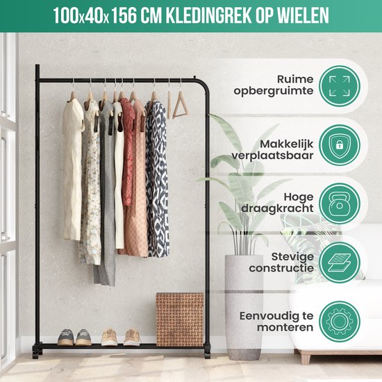 Avalo Kleiderständer auf Rädern Schwarz - Metall - 100x40x156 - Aufbewahrung für Schuhe