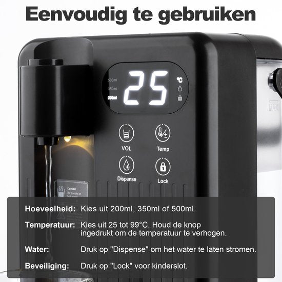 Nimma Heißwasserspender - 3 Liter - 40-100℃ - Heißwasserhahn - 200/350/500 ml - Wasserkocher - Schwarz