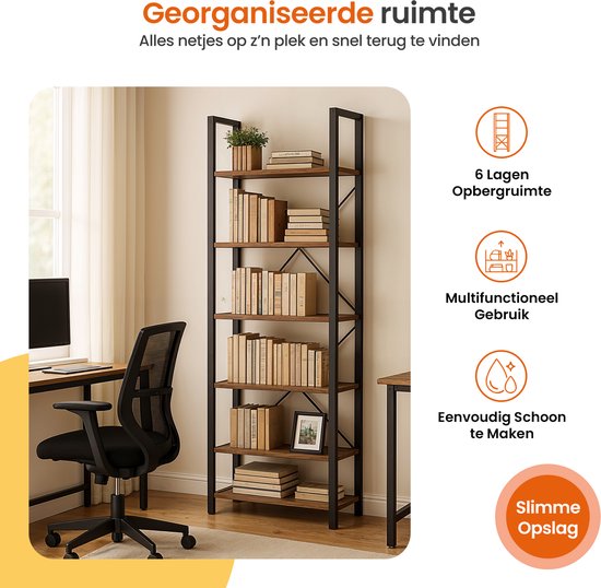 Goliving Bücherregal - 66 x 30 x 186 cm - 6 Lagen - Aufbewahrungsschrank - Wandschrank - Bücherregal - Ausstellungsschrank - Regalschrank - Wohnzimmerschrank - Industriell - Braun/Schwarz