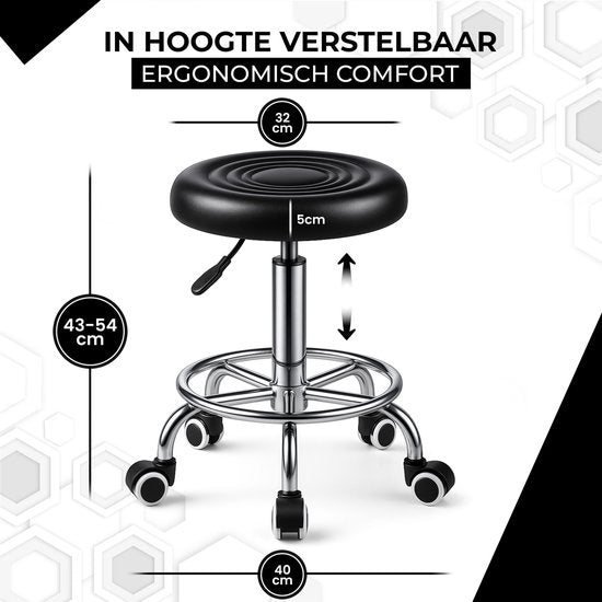 Bayt Sattelhocker - Sattelstuhl Rund - Barbierhocker - Sattelhocker auf Rollen - Tabouret - Höhenverstellbar - Schwarz