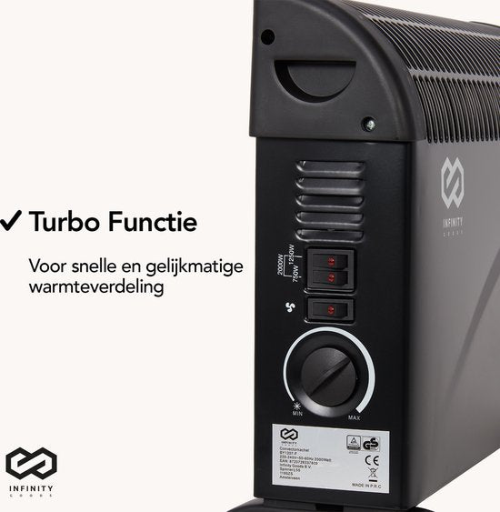 Infinity Goods - Elektrischer Konvektor - Turbofunktion und Gebläse - 750 / 1500 / 2000W - Einstellbarer Thermostat - Heizkörperheizung - Überhitzungsschutz - 35m² - Schwarz