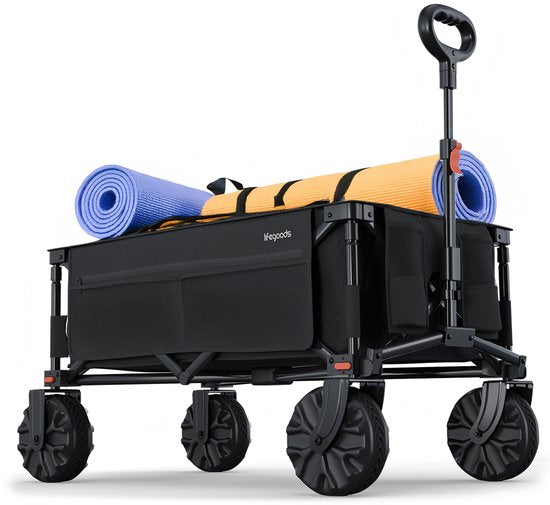 LifeGoods Wagon - faltbar - 100KG - 135L - zusammenklappbarer Wagon mit abnehmbaren Rädern - Schutzhülle - Schwarz