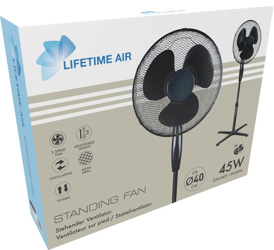 Lifetime Air Stativventilator 45W - Höhenverstellbarer Ventilator 102,5 bis 125 cm - Standventilator mit 3 Geschwindigkeiten - Neigbar und oszillierend - Schwarz