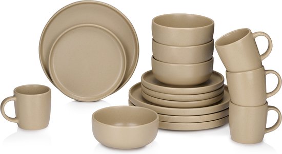 alpina Geschirrset 16-teilig - Geschirrset 4 Personen - Steingutgeschirr - Frühstücksteller, Essteller, Schüsseln und Becher - Mikrowellen- und spülmaschinenfest - Sand