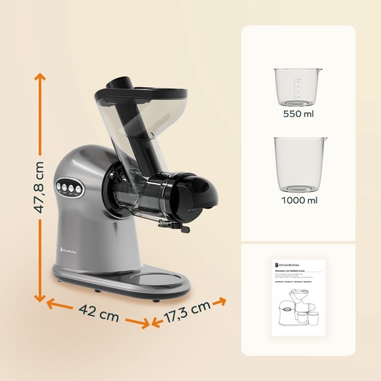 KitchenBrothers Slowjuicer XL - Entsafter - Gemüse- und Obstpresse - 43 mm und 70 mm Einfüllöffnung - 500 ml - Grau