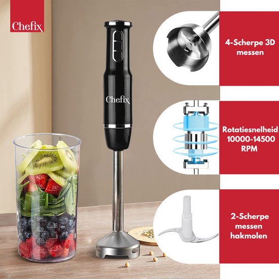 Chefix Stabmixer Set 4-in-1 - Stabmixer - Schneebesen Schneebesen Messbecher - 750 W - Schwarz