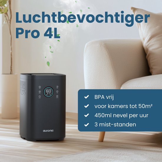 Auronic Luftbefeuchter - 4 l Fassungsvermögen - Mit Aromatherapie und Nachtmodus - BPA-frei und flüsterleise - 360-Grad-Düse - Kunststoff - Schwarz