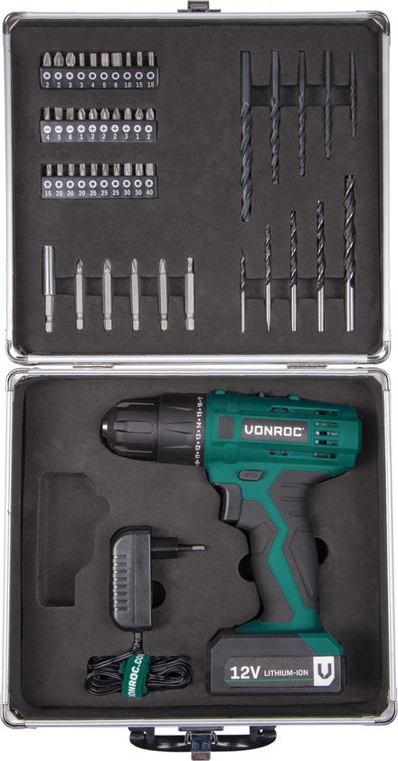 VONROC Akku-Bohrmaschine - 12V Li-Ion - Inkl. Aluminium-Koffer, 46 Zubehörteile, 1x Akku & Ladegerät