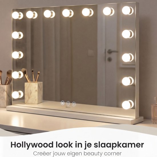 Bayt Spiegel mit Beleuchtung - Make-up Spiegel mit Beleuchtung - Hollywood Spiegel mit Beleuchtung - dimmbar - 58x46cm - Weiß