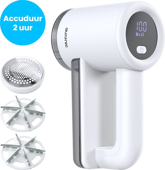 Auronic Electric Lint Remover Pro - Fusselentferner - Akkulaufzeit 120 Minuten - Wiederaufladbar - LED-Anzeige - Entlaubungsgerät - Weiß