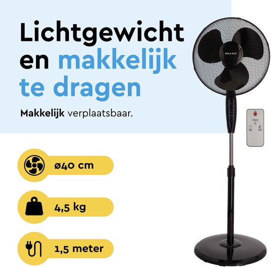 BRASQ Stativventilator - 40 cm - Schwarz - Mit Fernbedienung - Timer - Schlafmodus - Höhenverstellbar - Leiser Ventilator - 40 Watt