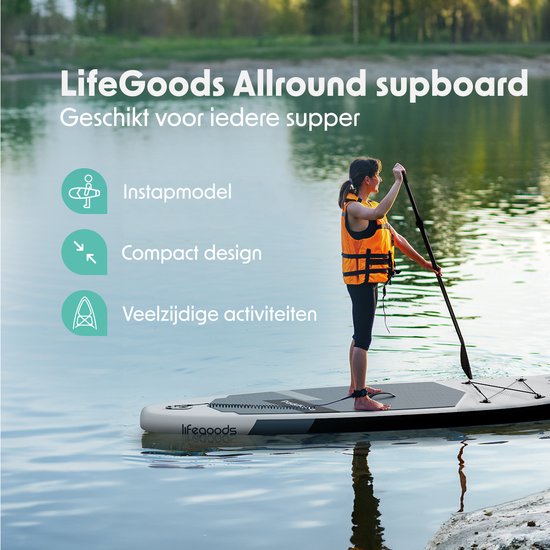 LifeGoods SUP Board All-round Compact - 100 KG Belastbarkeit - 300 x 76 cm - Aufblasbar - SUP-Komplettpaket - Weiß/Schwarz