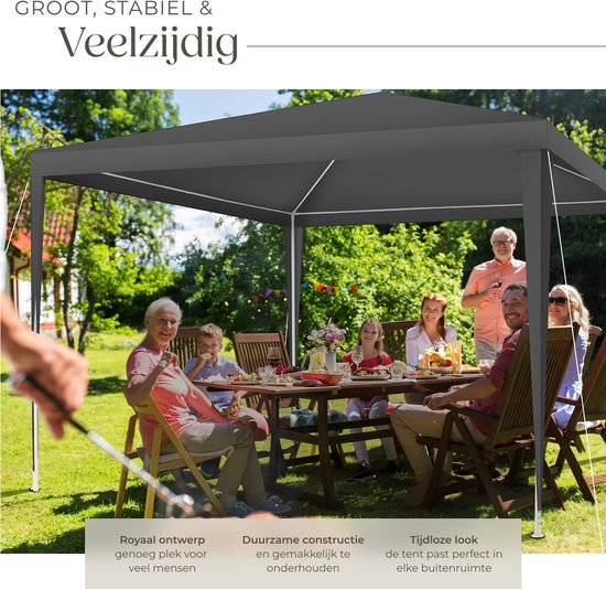 tectake - Pavillon Barinas - Partyzelt 3x3 m - Wasserdichte Plane mit 3 abnehmbaren Seitenwänden - Wetterfester Gartenpavillon - Inklusive Spannleinen und Heringe - Grau
