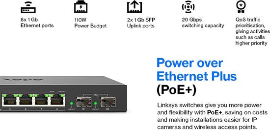 Linksys LGS310MPC - Netzwerk-Switch - Gigabit - Managed - 8 Ports - PoE+ - Schwarz