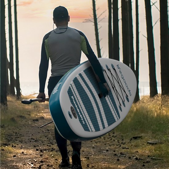 LifeGoods PaddlePro SUP Board - Aufblasbares Paddle Board - Komplettset - Max. 135KG - 320x81cm - Weiß/Tief Aqua