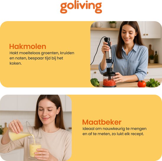 Goliving Stabmixer-Set 5-in-1 - Zerkleinerer - Messbecher - Schneebesen - 1000W - spülmaschinenfestes Zubehör - Edelstahl - Schwarz