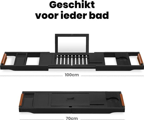 RelaxTub® Badewannenbrett - Badewannenbrett für die Badewanne - Badewannenregal - Verstellbar - Rutschfest - Badewannenbrett Schwarz - Badewannenbrett Holz - Badewannenregal mit Buchhalter, Tablet-Halter & Spiegel