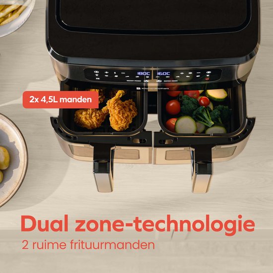KitchenBrothers Double Airfryer - 2400W - Dual Zone - 9L - Heißluftfritteuse - Airfryer XXL - 2 x 4.5L - 10 Kochprogramme - Edelstahl/Schwarz