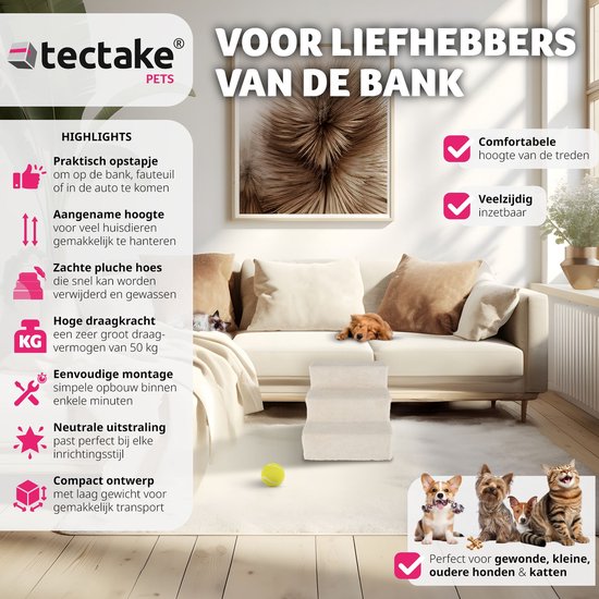 tectake Hundetreppe oder Katzentreppe, Haustiertreppe, Einstiegshilfe mit waschbarem Bezug, extra flache Stufen, Haustiertreppe für Sofa, Bett oder Auto (beige, 37 x 45 x 34,5 cm, 3)