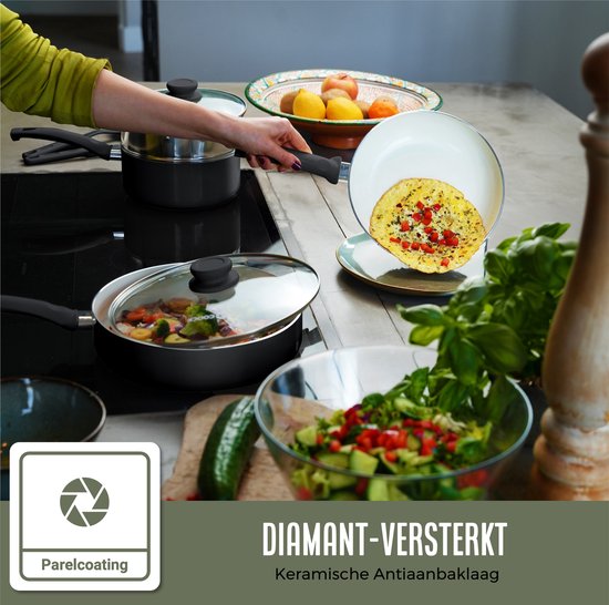 COOCK 19-teiliges Induktionskochgeschirr-Set - Spezielle Antihaftbeschichtung - Ergonomische Kaltgriffe - Recyceltes Aluminium - Bratpfannen-Set - Kochtopf-Set - Schwarz/Weiß - Inklusive Untersetzer und E-Book