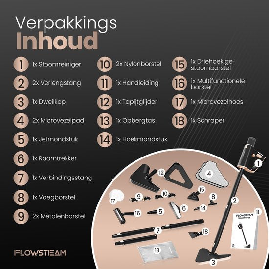 FLOWSTEAM® Deluxe Dampfreiniger - 13 Aufsätze - 120° Dampf - Inklusive 2 Mikrofasertücher - schwarz