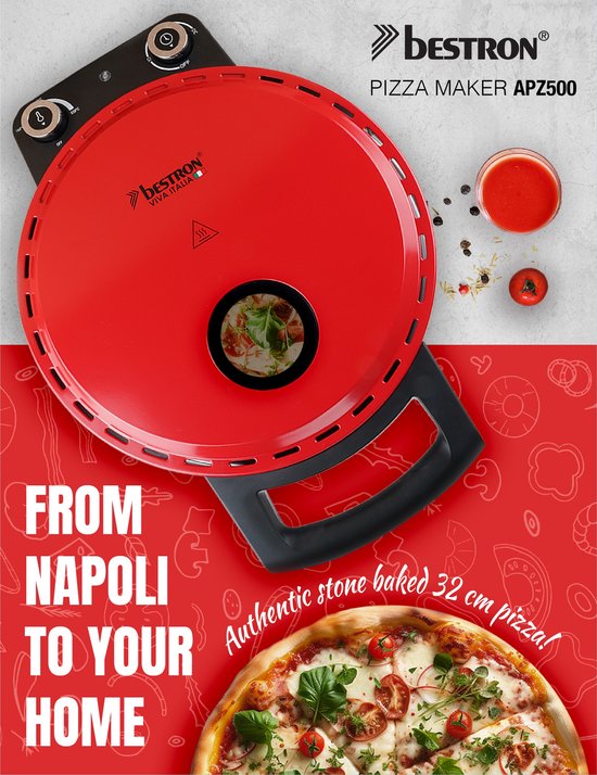 Bestron Turbo-Pizzaofen für Pizzen in 5–10 Minuten, elektrischer Pizzaofen mit einer tatsächlichen Höchsttemperatur von 320 °C, inklusive Pizzastein und 2 großen Holzspateln, Viva Italia, Farbe: Rot