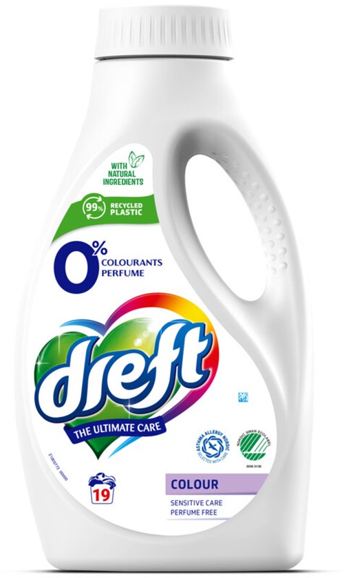 Dreft Flüssigwaschmittel 0 % für Buntwäsche, 19 Waschgänge – 988 ml