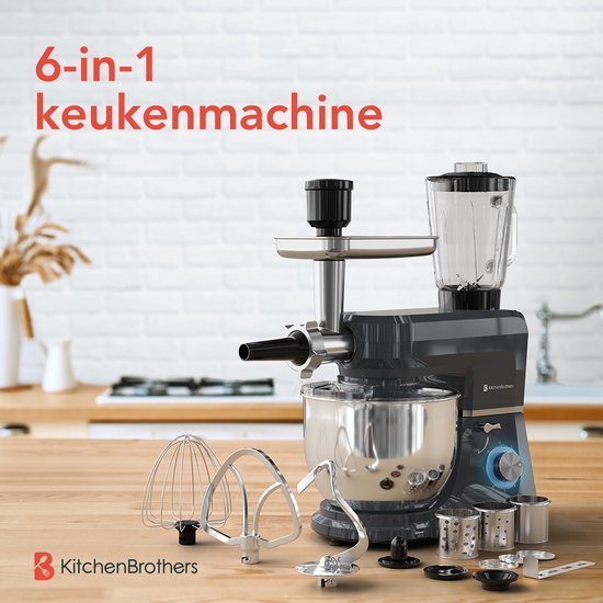 KitchenBrothers Küchenroboter - 6-in-1 Küchenroboter - 1500W - Mit Fleischwolf, Mixer und 15 Zubehörteilen - 6,2L Edelstahlschüssel - Anthrazit
