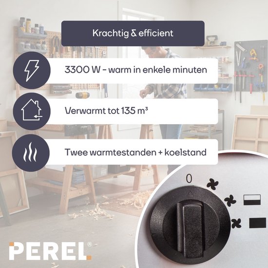 Perel Elektroheizlüfter 3300W, 2 Heizstufen, Thermostat und Kühlbetrieb, IP24, mit Überhitzungsschutz, kompakter tragbarer Heizer für Werkstatt, Garage, Hobbyraum