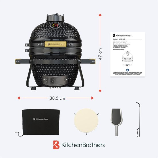 KitchenBrothers Kamado BBQ - 13 Zoll Holzkohlegrill - 27⌀ cm - Deluxe Set - Eiergrill mit Zubehör inklusive Abdeckung - Schwarz