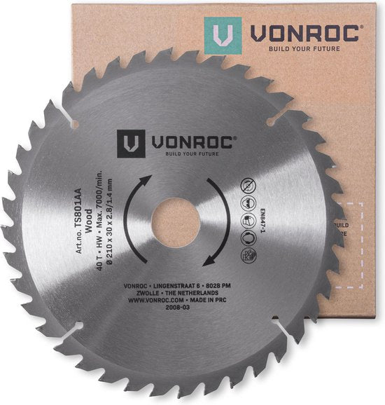 VONROC Sägeblatt - 210mm - 40 Zähne - für Holz - geeignet für Tischsägen und Kappsägen