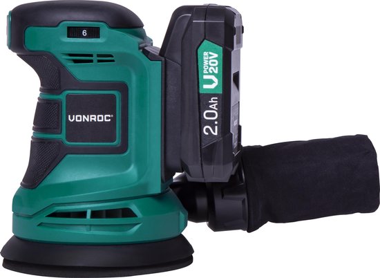 VONROC Exzenterschleifer - VPower 20V - Inkl. 2.0Ah Akku & Ladegerät - Ø125mm - Mit Staubbeutel & 12 Stück Schleifpapier